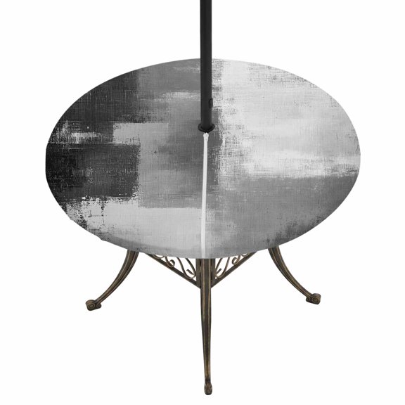 Round Outdoor Tablecloth with Umbrella Hole and Zipper, Grey Tablecloth with Elastic Waterproof, Modern Oil Painted Art Abstract Geometric Patio Table Covers for 31" - 35" Picnic Pool Tables