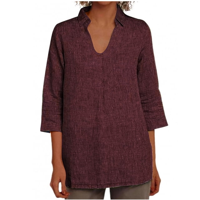 Vestidos Casuales Para Mujer, Blusas De Mujer De Moda Blusa holgada de lino con cuello en V, manga tres cuartos y botones decorativos para mujer.