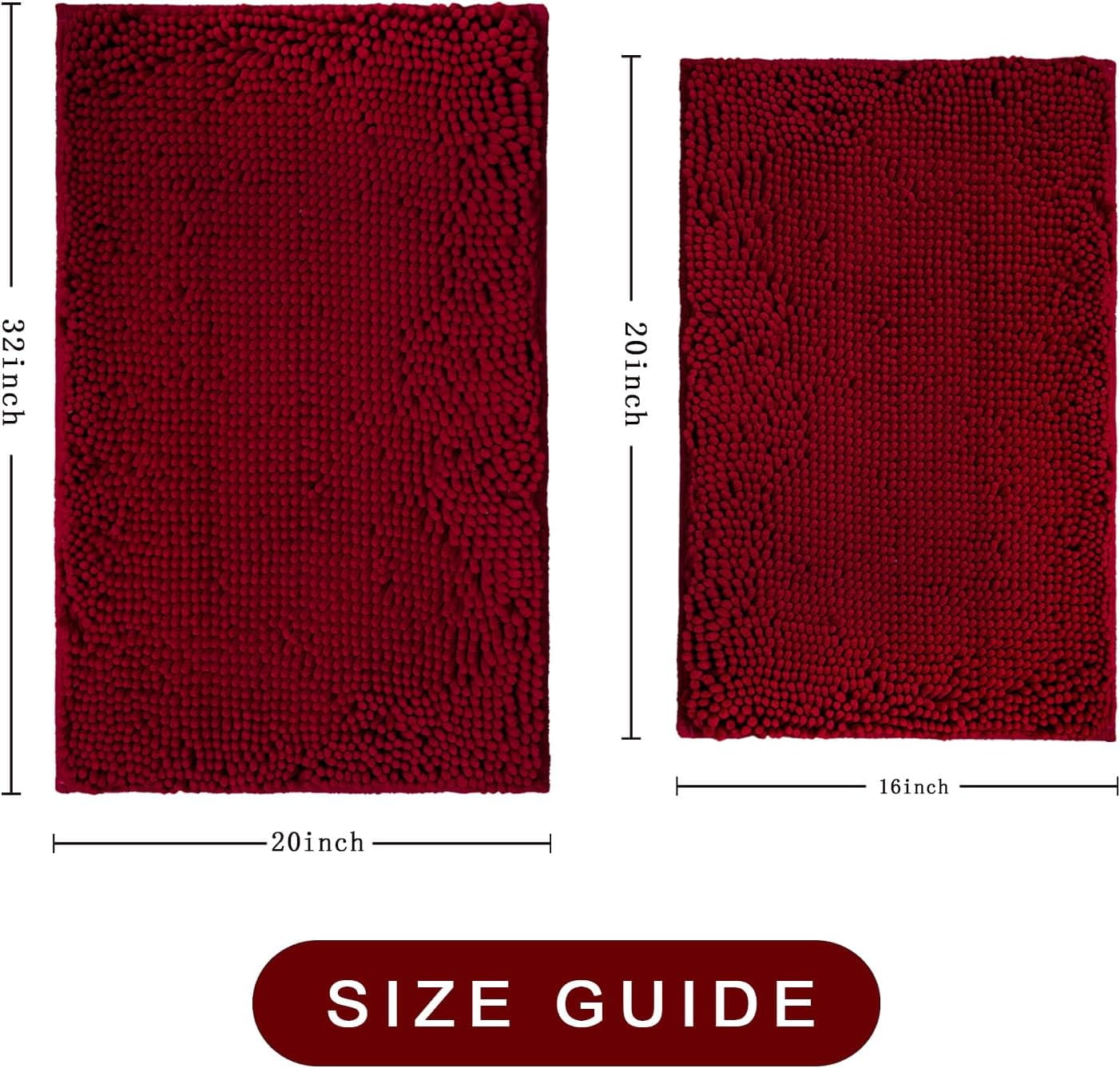 Bathroom Rugs Sets 2 Piece, Ultra Soft Absorbent Bath mat Chenille Bathroom Rug, Antiskid Bath mats Washable Bathroom mat (20x32 inch + 16x24 inch) Burgundy