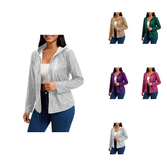 Sparkling Carnival Hooded Coat – Women's Plus Size Sequin Jacket with Detachable Trim, Lightweight Open Front Long Sleeve Sparkly Cardigan Outerwear