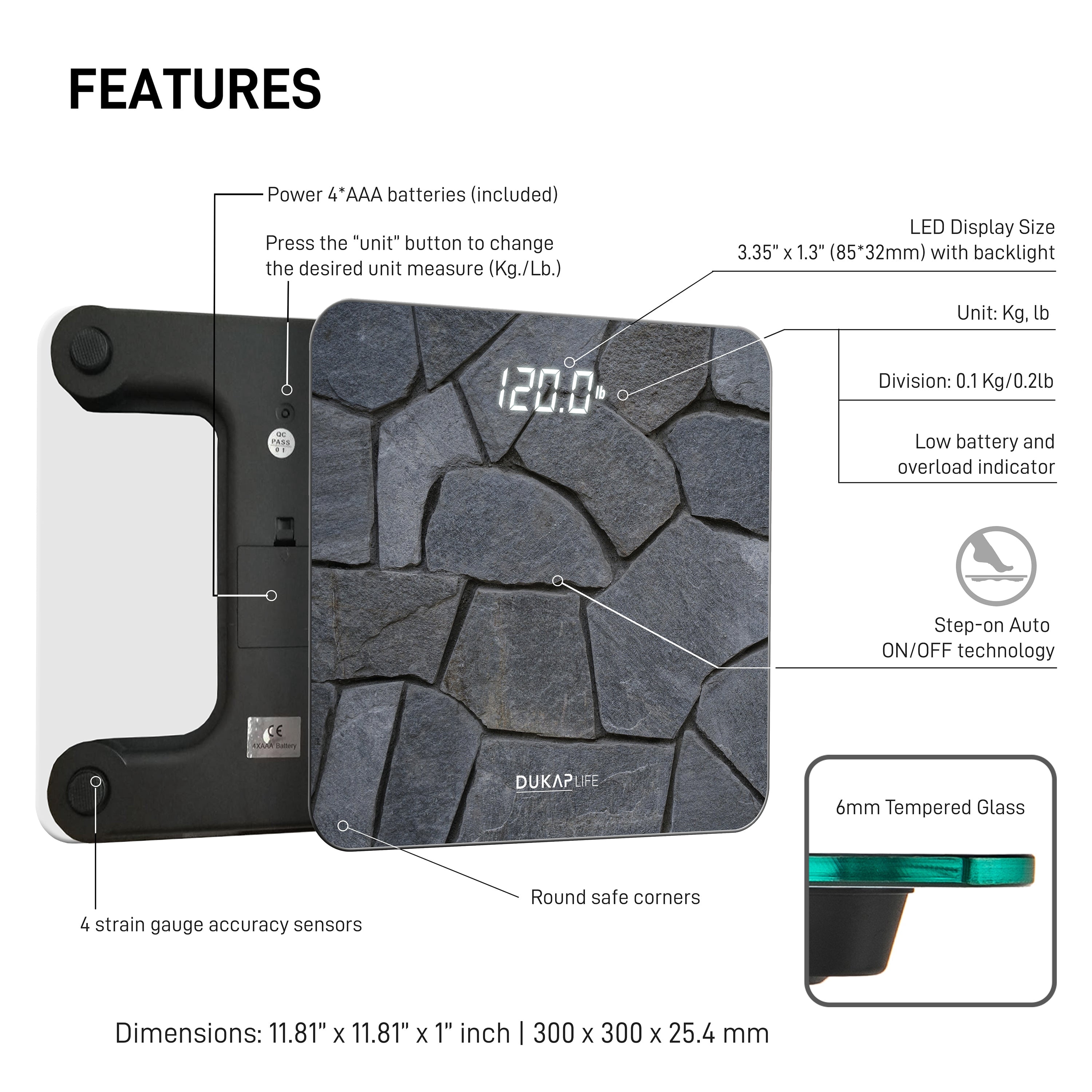 DUKAP LIFE Unique Digital Bathroom Body Weight Scale with Hidden LED Screen Display - Stone Design