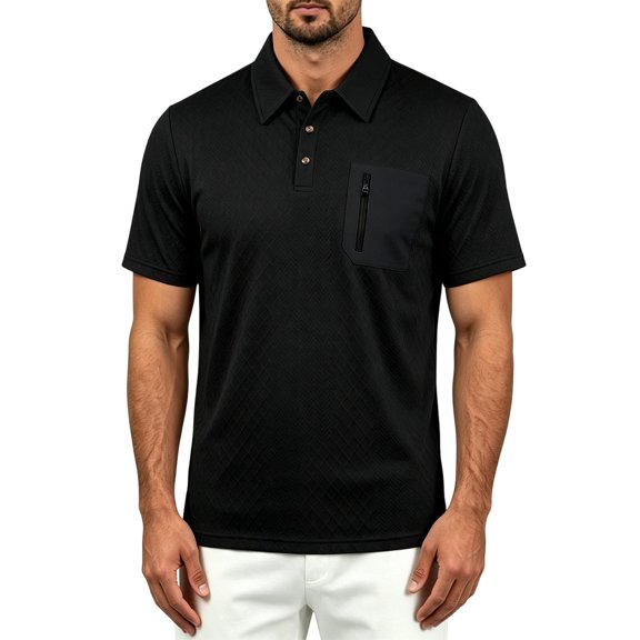 Men's Classic Polo Shirt Short Sleeve Shirts Jacquard Summer Casual Loose Business Lapel Pocket Zipper Polo Shirt