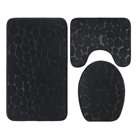 3-Piece Bathroom Rug Set - Chenille Plush Bath Mat, Contour Rug And Toilet Lid Cover With Non-Slip Rubber Backing In Black, For Bathroom, Restroom, Home Decor
