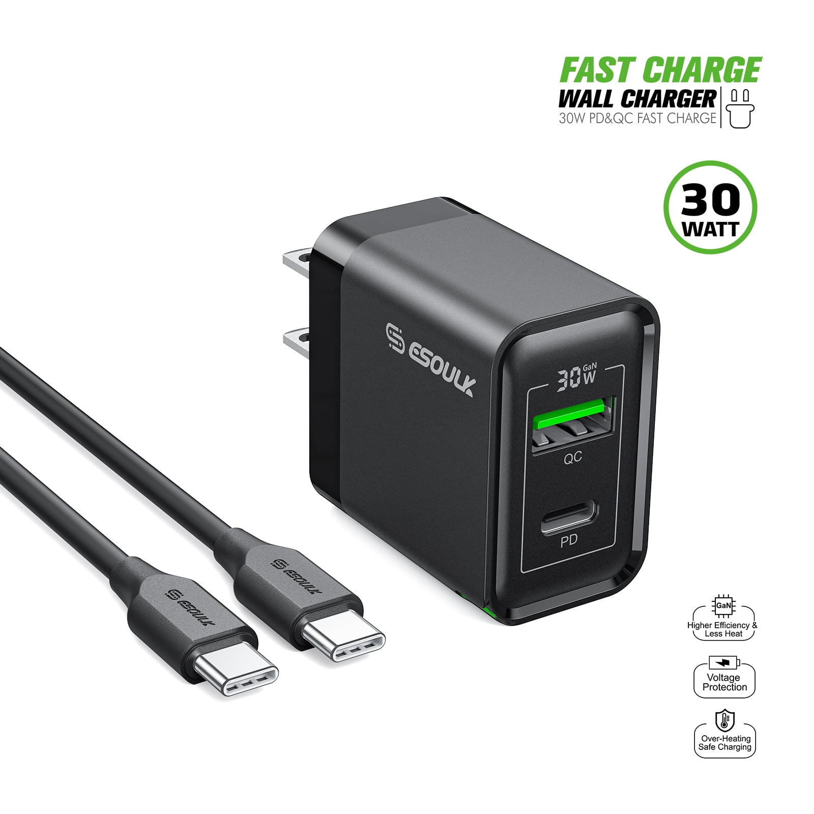 30W USB-C GaN PD 3.0 Power Delivery + 18W Quick Charge 3.0 Fast Wall Charger + USB-C Cable - Black