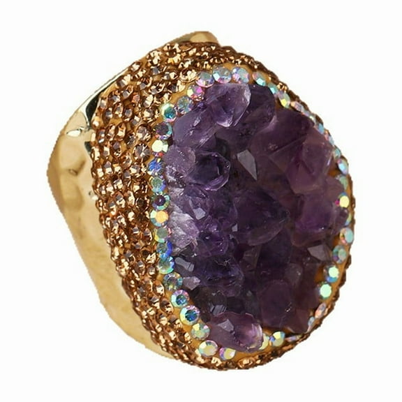Natural Amethyst Druzy Adjustable Open Ring Raw Crystal Gold Plated Statement Ring for Women, Healing Boho Jewelry