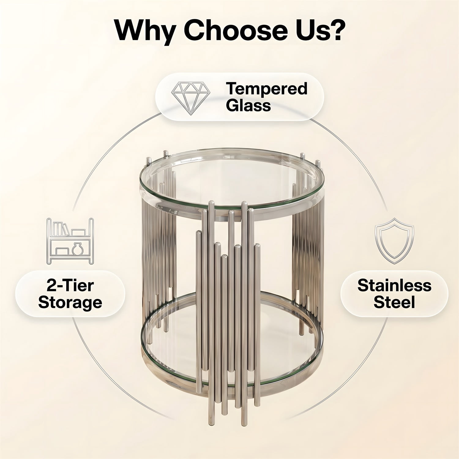 Hommoo 19.7 Inch Round 2-Tier Glass End Table, Stainless Steel Base with Clear Tempered Glass, Modern Luxury Side Table for Living Room, Bedroom & Home Office, Sliver