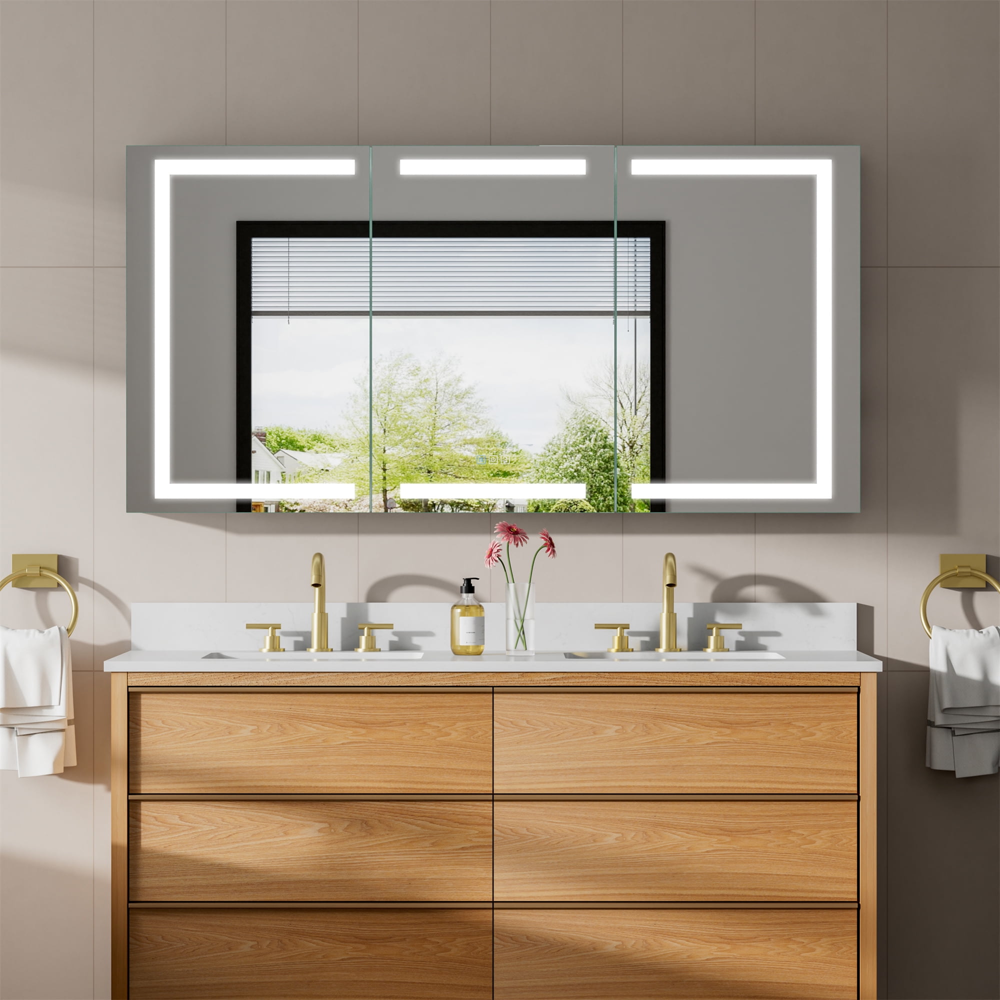 ANGELES HOME 60"x30"LED Medicine Cabinet with Lights, Medicine Cabinet with HD Mirror, Surface or Recessed, Anti-Fog, Dimmable, Memory Function, Outlets & USB, Three Opening Doors