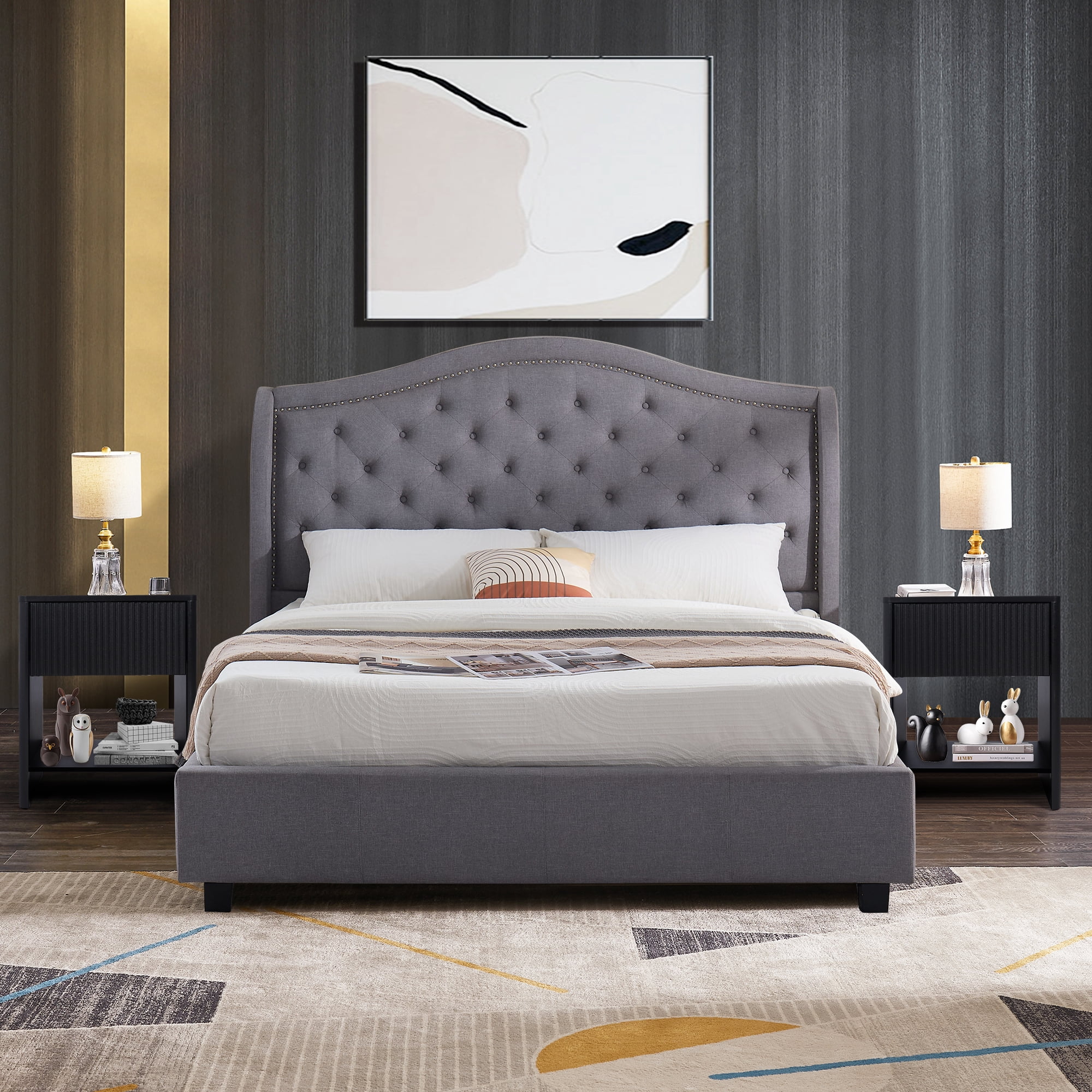 Weselon Modern Fluted Nightstand, Curved Side Bedside Table with Drawer and Open Shelf for Bedroom, Black