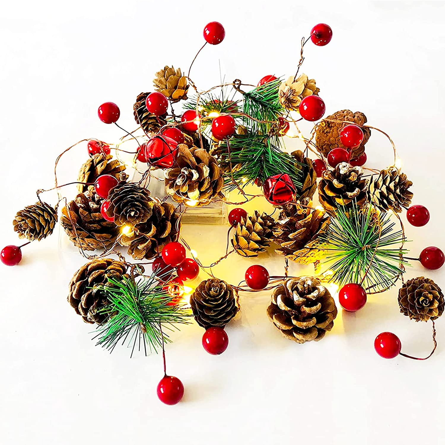 Coolmade 6.7ft Christmas Garland with Lights, 20 LED Red Berry Pine