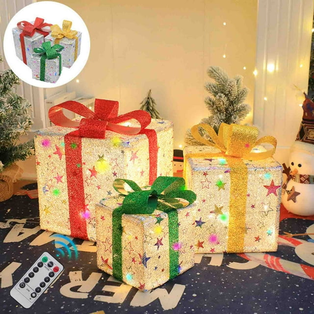 Adornos navideños, cajas navideñas iluminadas con control remoto, juego de 3 luces LED para decoración de exteriores, cajas navideñas para exteriores, cajas decorativas para exteriores.