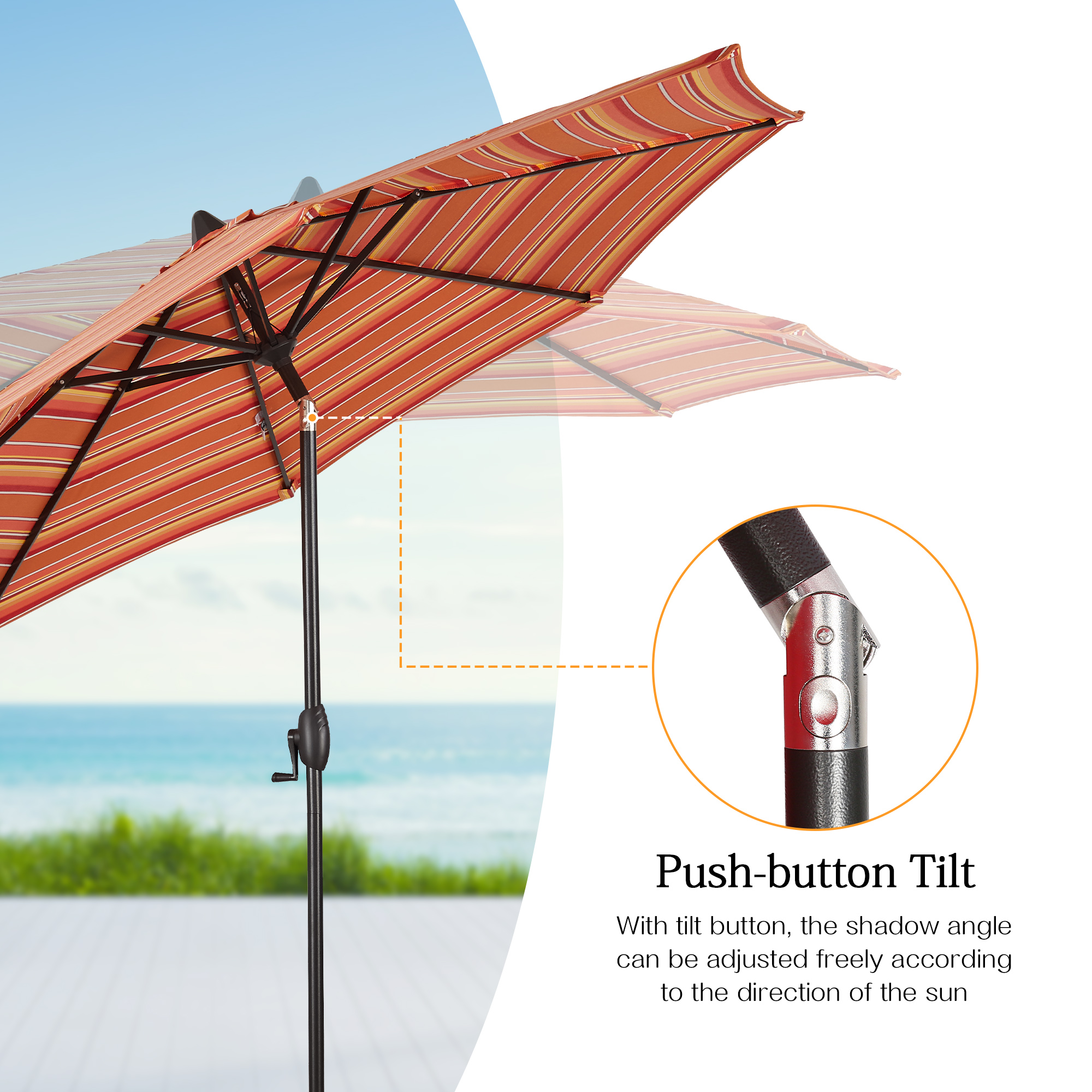 Iwicker 9Ft Patio Umbrella Sunbrella Outdoor Aluminum Market Umbrella with Crank and Push Button Tilt, Orange Stripe