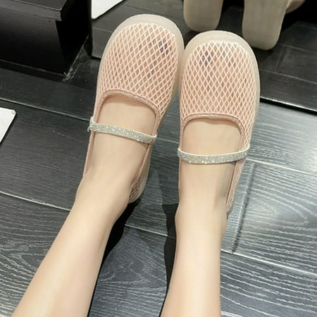 

HIBRO Ladies Shoes Summer Mesh Hollow Out Breathable Fashion Rhinestone Shallow Flat Casual Shoes