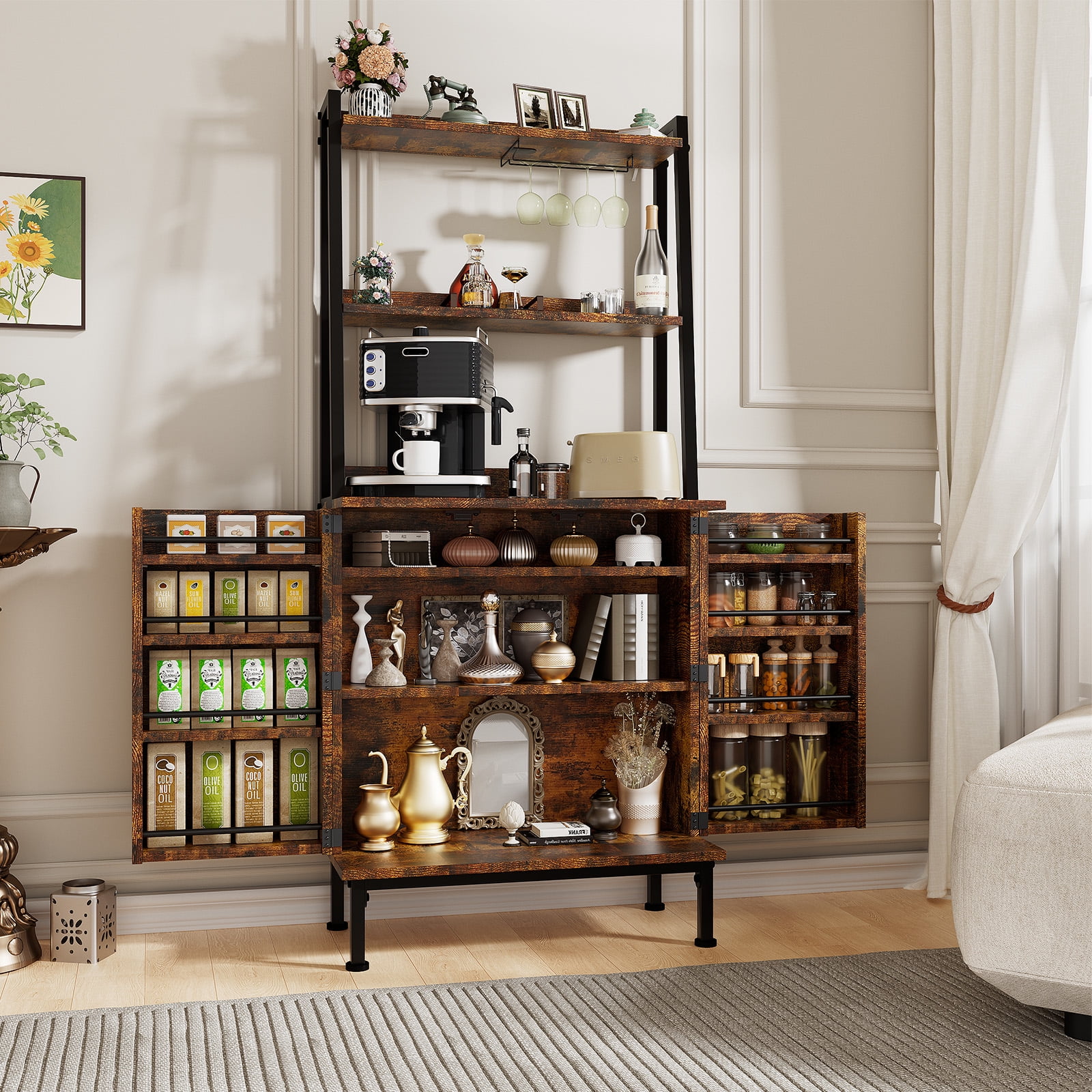 Casendy Kitchen Pantry with Microwave Stand and Storage Shelves, Farmhouse Kitchen Cupboard with Adjustable Shelves, Kitchen Buffet Cabinet with Door for Dining Room, Brown