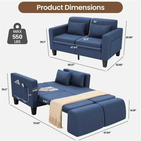 Sailvan 58" 6-in-1 Convertible Sofa Bed, Linen Pull Out Sleeper Couch with Storage & 2 Pillows, Loveseat for Small Spaces, Apartments, Studio, Blue