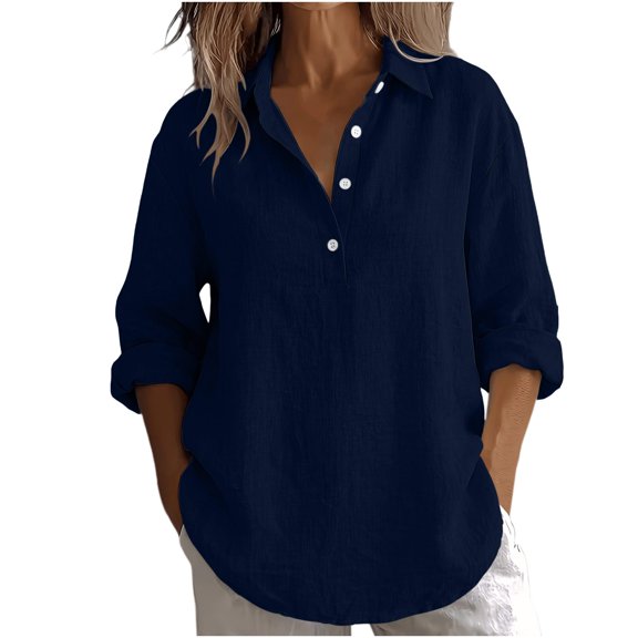 Setooff Cotton Linen Half Button Shirts for Women, Collar Roll Up Long Sleeve Blouse, Solid Loose Plus Size Casual Fall Tops for Women