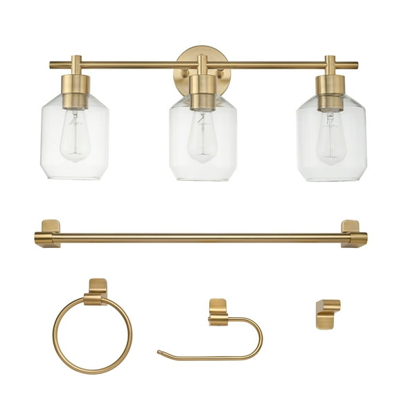 Globe Electric Matte Brass Modern 5-Piece All-In-One Bathroom Set with Vanity Light, LED Bulbs
