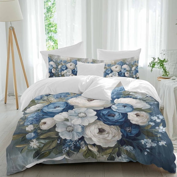 White Blue Camellia 4 piece Duvet Cover Set, Comfort Bedding Set Queen Size Include a Duvet Cover, a Bed Sheet, 2 Pillowcase with Zipper for All Season