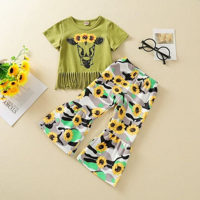DPTALR Toddler Baby Girls Short Sleeve Sunflower Cow Pattern Print Trousers Two-piece
