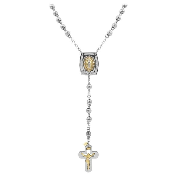 Brilliance Fine Jewelry Stainless-Steel And 14K Gold Plated Sterling Silver Crystal Medallion 6mm Beads Men's Rosary Necklace, 26"