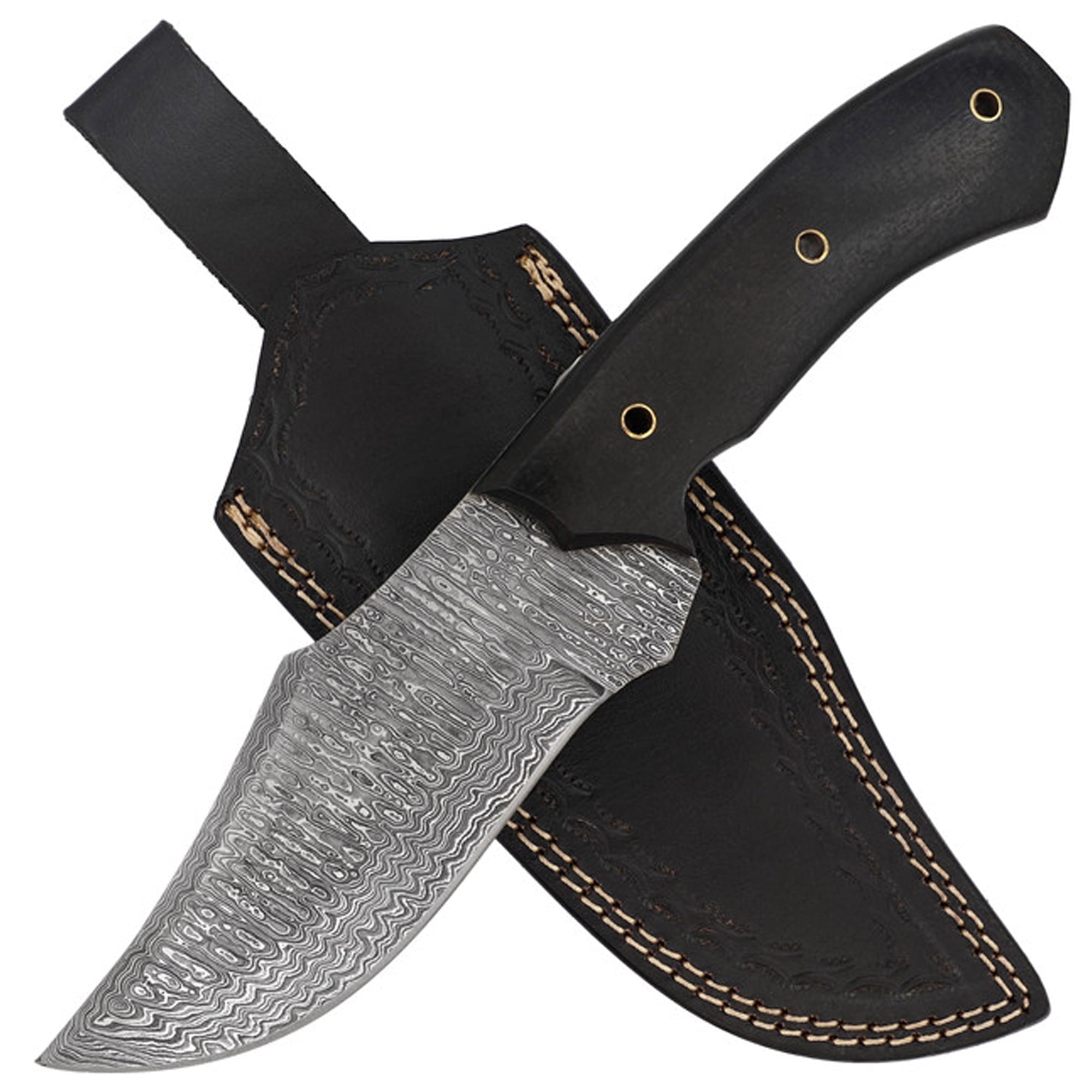 Armory Replicas Beaten Path Damascus Steel Hunting Knife Full Tang S Curve Fixed Blade with Genuine Leather Sheath for Camping Bushcraft Skinning & Outdoor Use