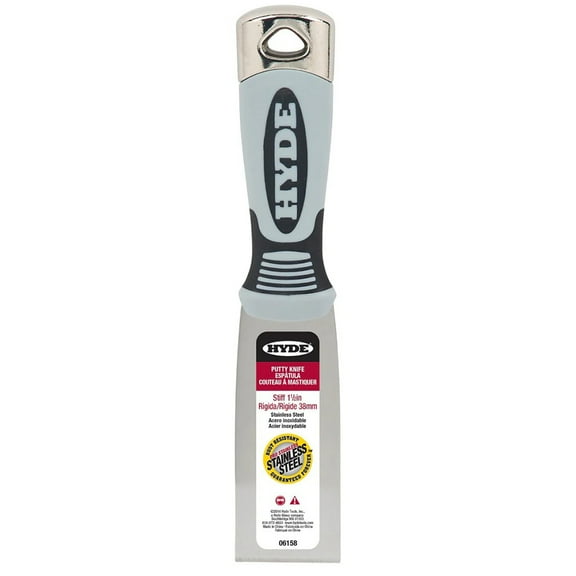 HYDE Pro Stainless 06158 Putty Knife, 1-1/2 in W Blade, Stainless Steel Blade, Plastic Handle, Soft-Grip Handle