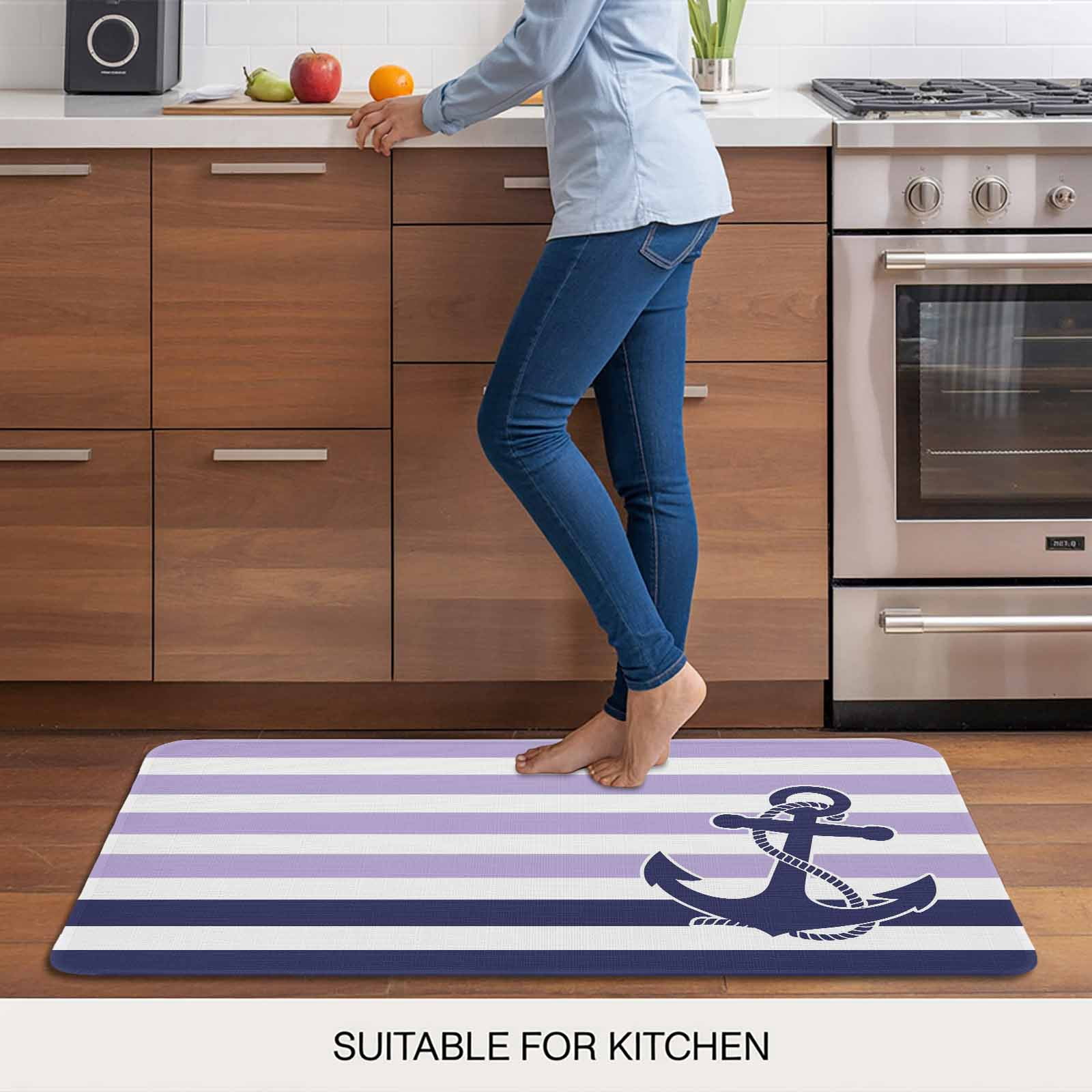Anchor Purple Doormat Outdoor Entrance 24"x36", Modern Navy Blue White Striped Nautical Absorb Moisture Dirt Door Mats, Non-Slip Rubber Backing Floor Mats Indoor, Low-Profile Front Door Rugs