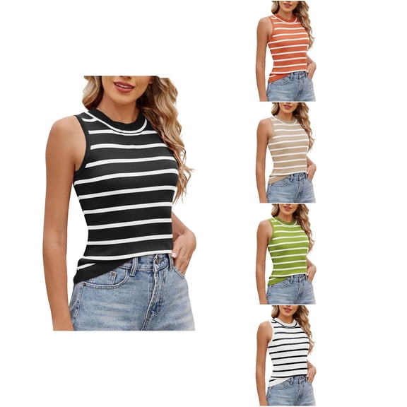 Antinious Ladies Striped Knit Crewneck Sleeveless Summer Trendy Tank Top