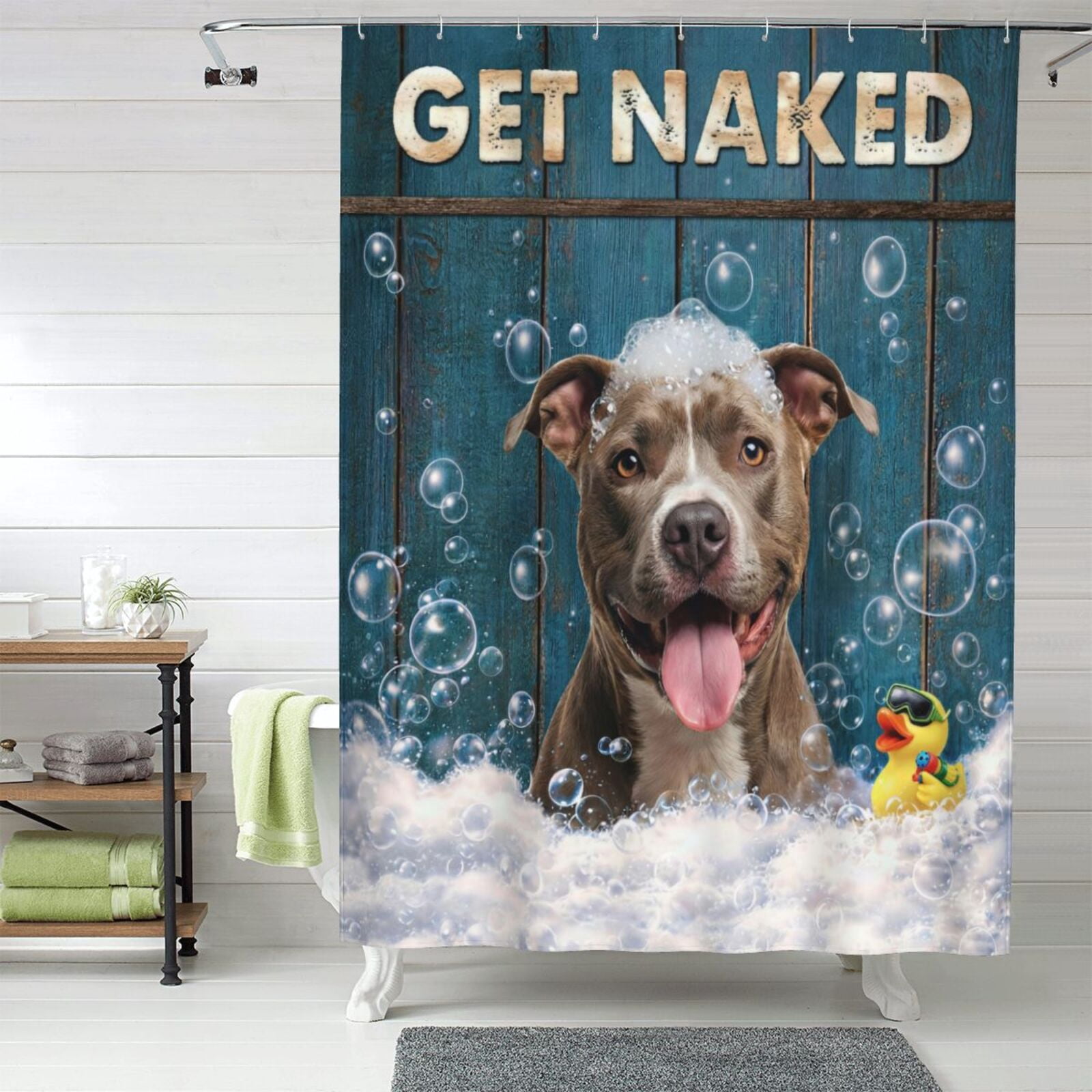 Funny American Pit Bull Terrier Shower Curtain with Hooks - Get Naked Humorous Bath Decor, Waterproof Fabric, Cute Dog in Bubbles with Duck, Funny Bathroom Accessory for Dog Lovers - 60"x72"