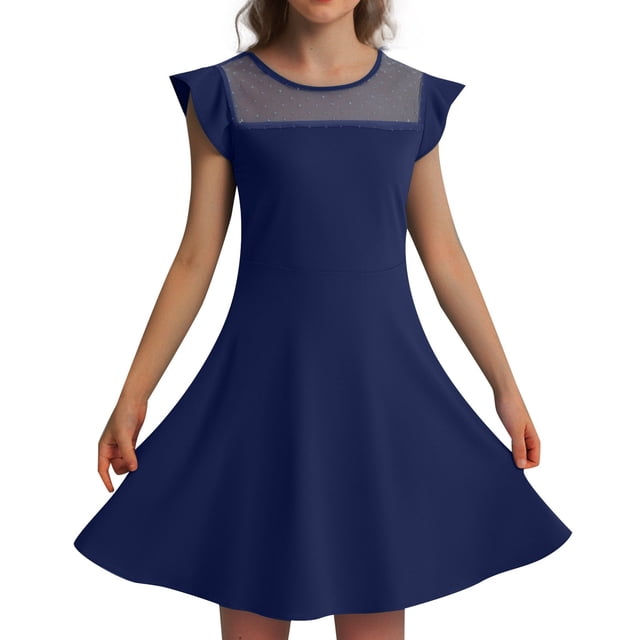 Little Girls Dresses Kids Child Girls Summer Ruffle Sleeve Mesh A Line Dress Solid Color Casual Dresses with Pockets Robe Enfant Fille Navy 6 Years-7 Years
