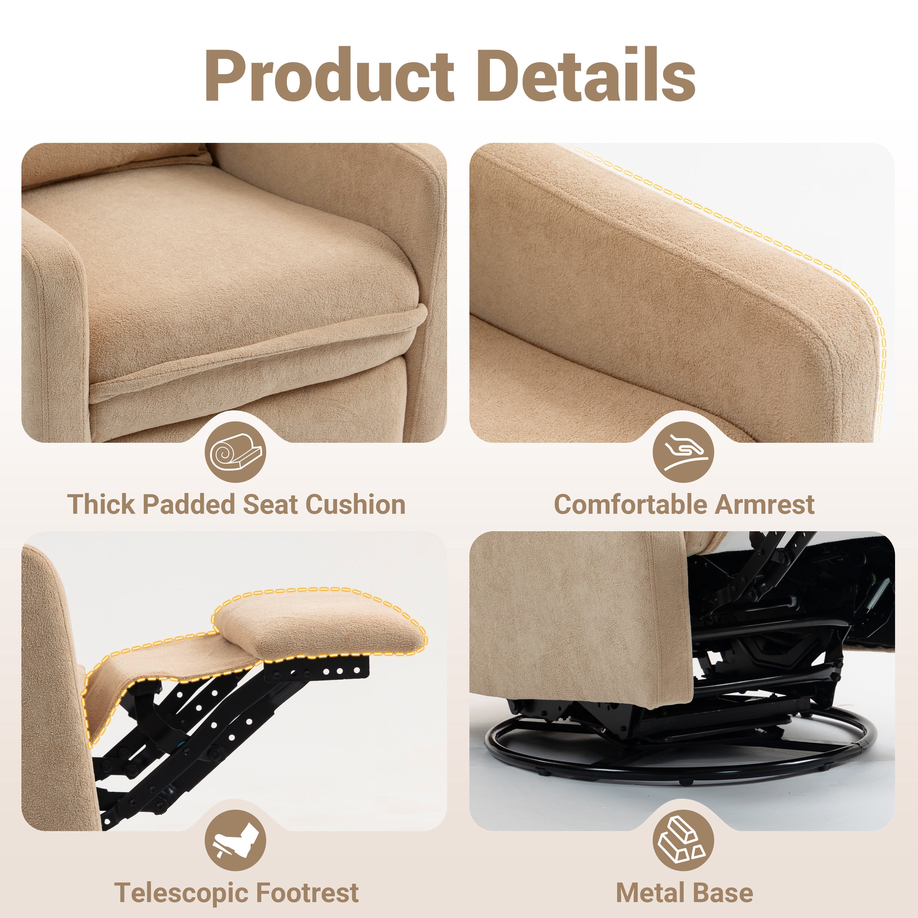 Paproos Swivel Rocker Recliner, Velvet 360°Swivel Rocking Recliner, Glider Rocking Chair for Nursery, Small Rocker Chair for Small Space, Manual Recliner for Adults for Home Theater, Camel