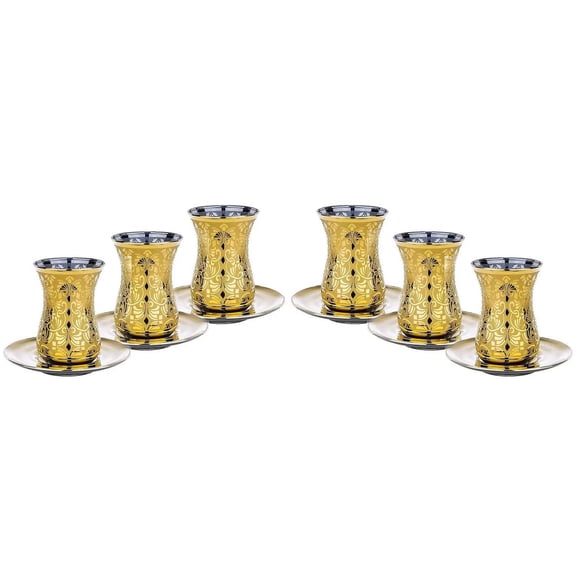 Golden Liberty 5-Ounce Glasses for Tea with Saucers, Turkish Tea Glass Set, Collectible Gift Idea for Birthday, Wedding, Anniversary, Thanksgiving, Set of 6