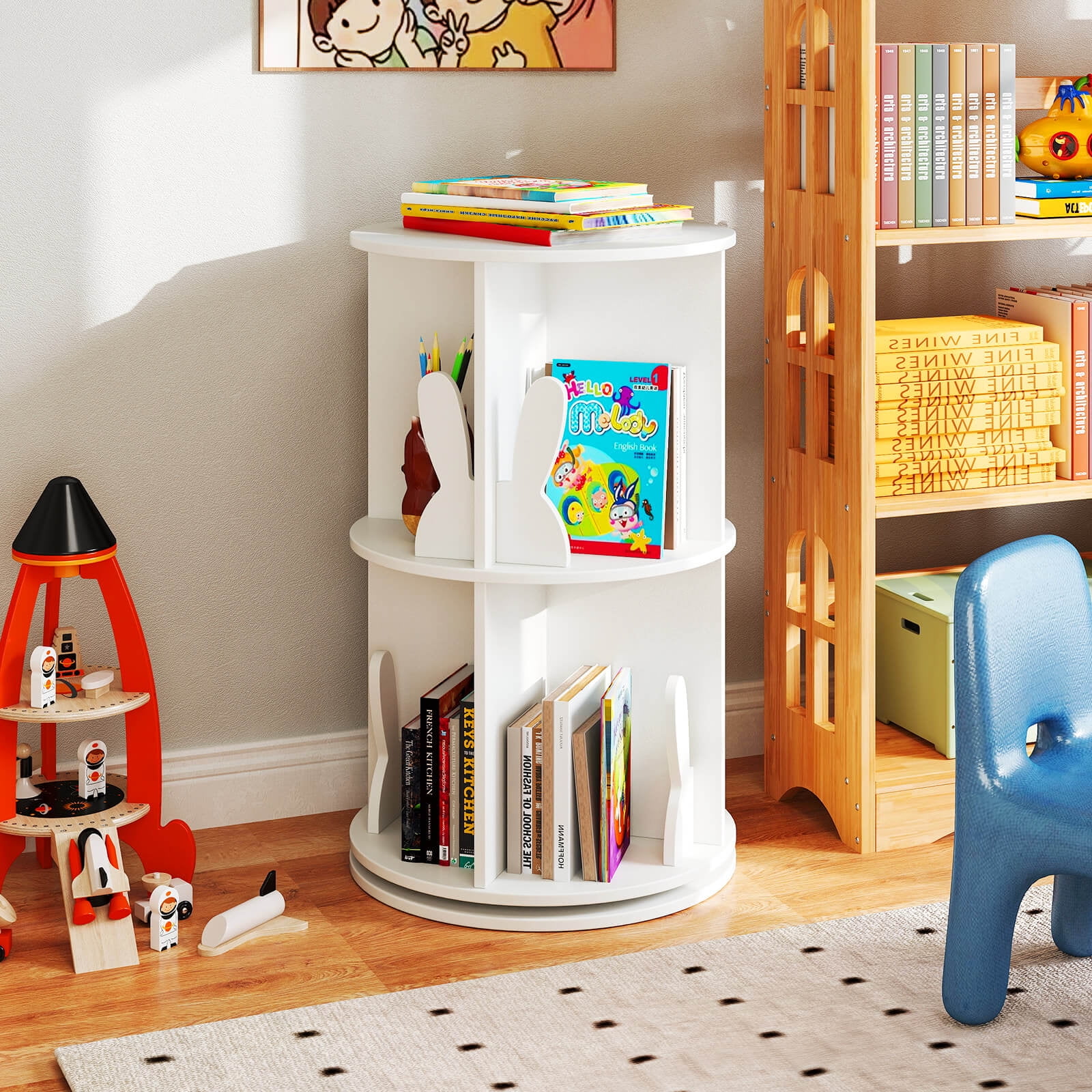 Costway Kids Rotating Bookshelf 2 Tier Freestanding 360° Revolving Display Storage Rack White