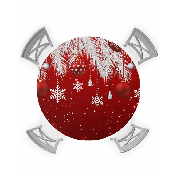 nqOlkjepod Red Christmas Round Tablecloth, Fitted Table Cover with Elastic for 36"-44" Round Tables, Xmas Balls Snowflake Silver Pine Needles Table Cloth Outdoor Dinning Party Waterproof Tablecloths