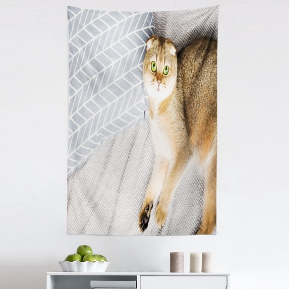 Yellow Gray Tapestry, Scottish Fold Cat Lies on Bed Happy Mornings with Pet Animal Lover, Fabric Wall Hanging Decor for Bedroom Living Room Dorm, 5 Sizes, Sand Brown and Coconut, by Ambesonne