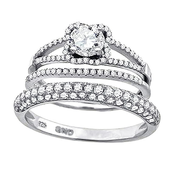 925 Sterling Silver His and Hers Cubic Zirconia Floral Halo Bridal Trio Set Ring Size 8 Ring for Women