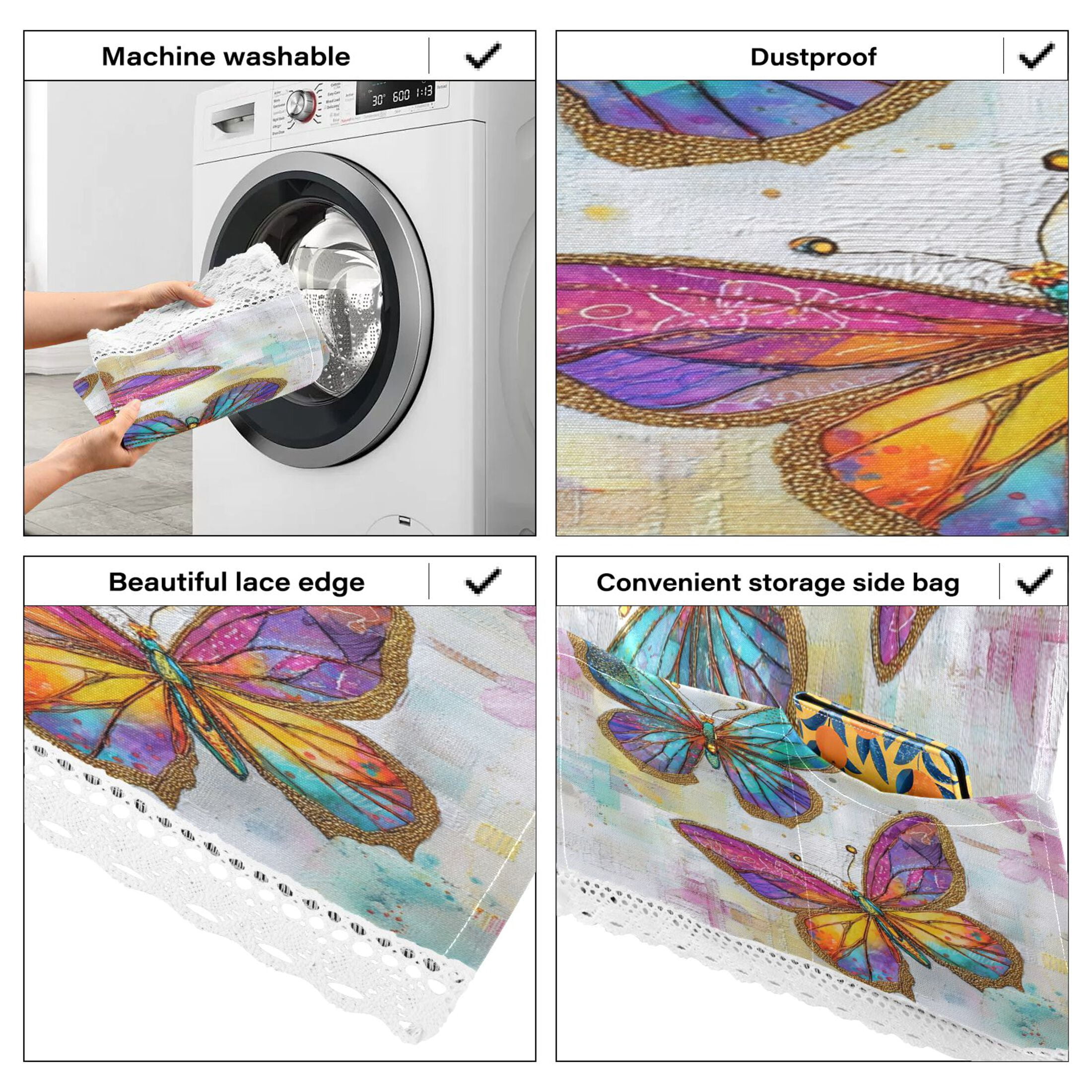 Washing Machine Cover 51.2x22in, Durable Polyester Dust Cover with Lace Trim and Side Pocket for Appliances Artistic Butterfly