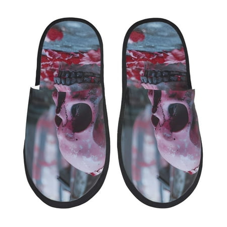 

Fuzoiu Gothic Red Skull Cemetery Print Unisex Furry Slippers Plush Indoor Shoes Trendy House Slippers Anti-Skid EVA Sole House Shoes for Home Office and Travel -Large
