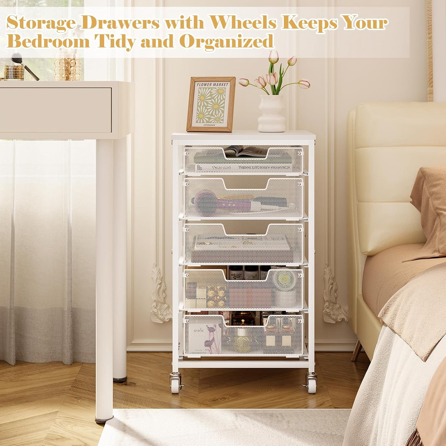 X-COSRACK 5-Drawer Rolling Storage Cart with Wooden Tabletop, Metal Mesh Utility Craft Organizer with Lockable Wheels for Office, Classroom, Bedroom & Salon, White