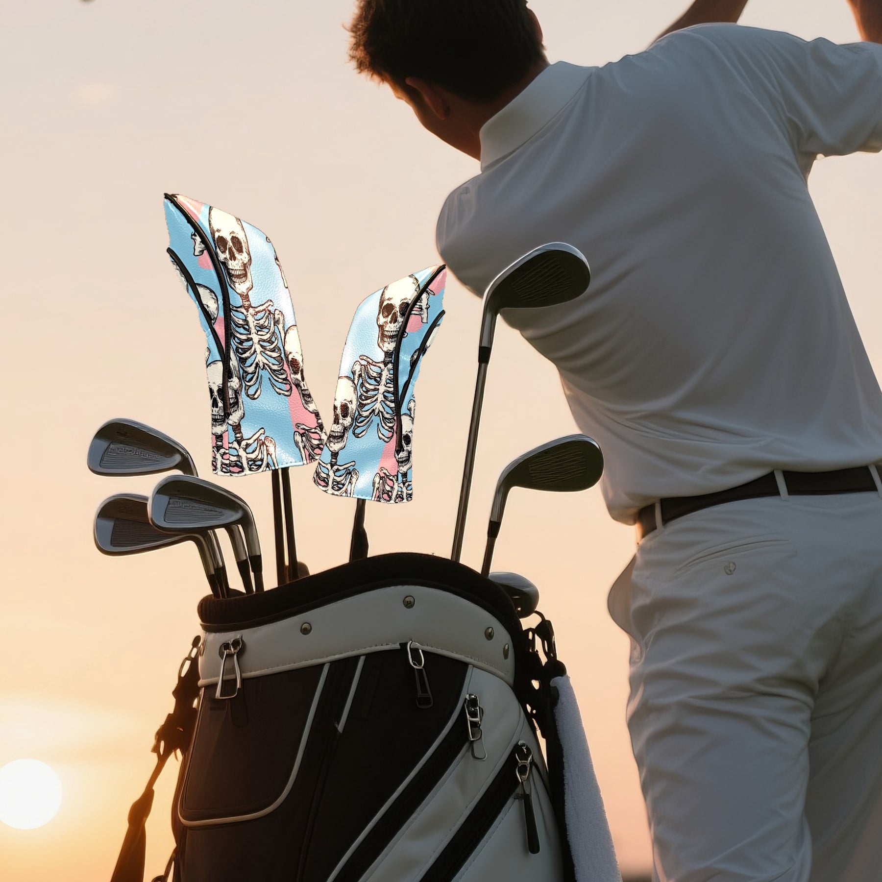 Golf Club Head Covers - Human Skeleton Design, PU Leather, Waterproof, Fits Fairway Woods/Hybrid, Unisex, Fits Most Brands