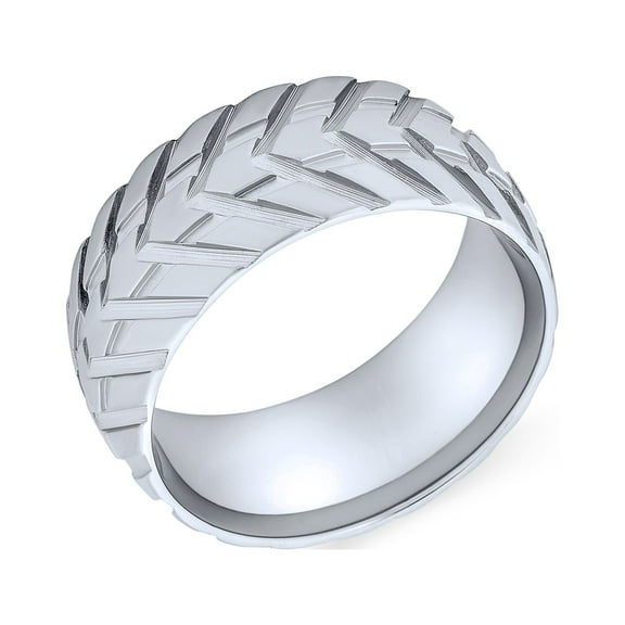 Bling Jewelry Mens Rugged Tire Tread Band Ring Matte Brushed Silver Tone Stainless Steel 8MM