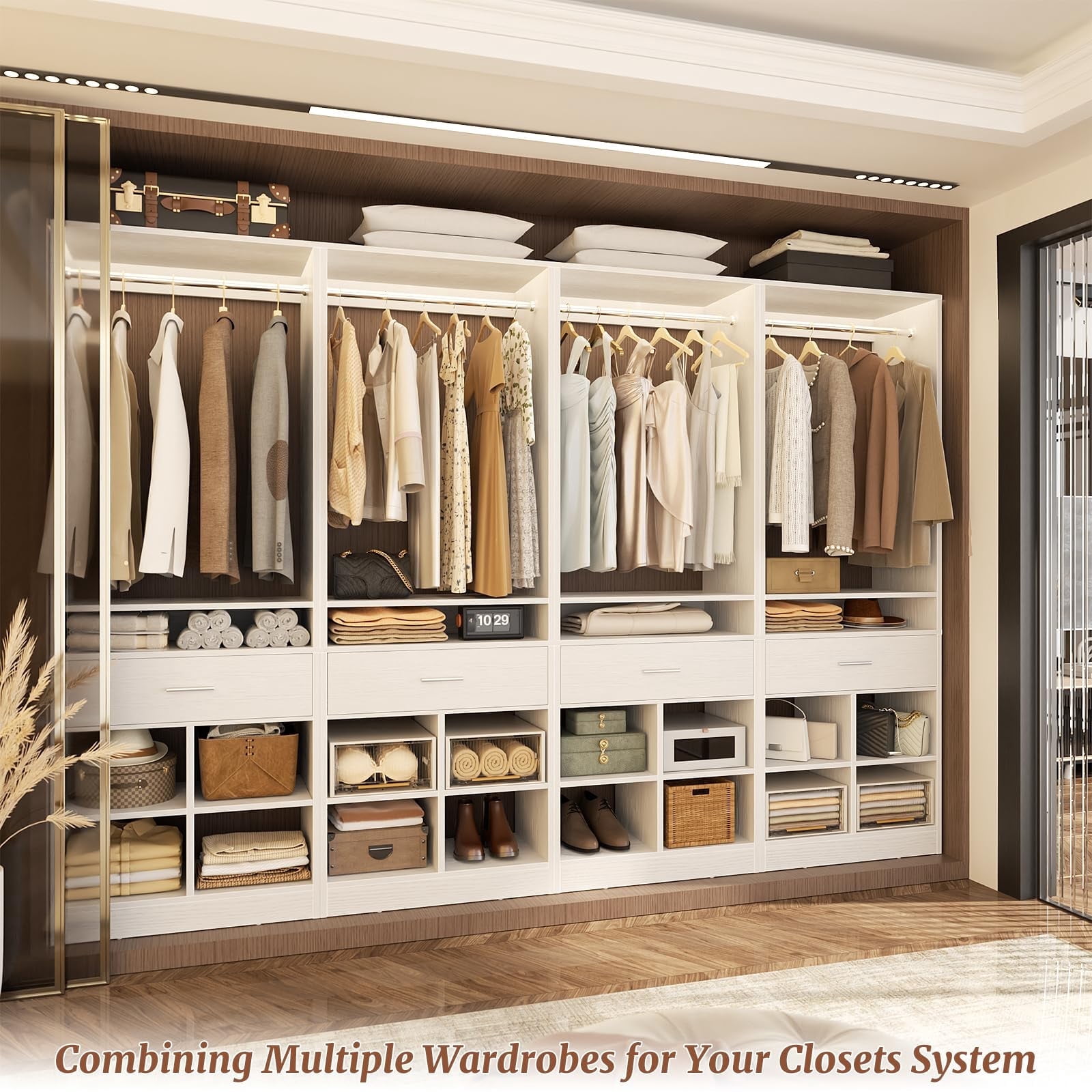Homieasy Freestanding Closet Organizer System with Wood Drawer, 4 Cubby Storage & Hanging Rods - 25''W x 80''H Tower Wardrobe for Walk-In Closets, White