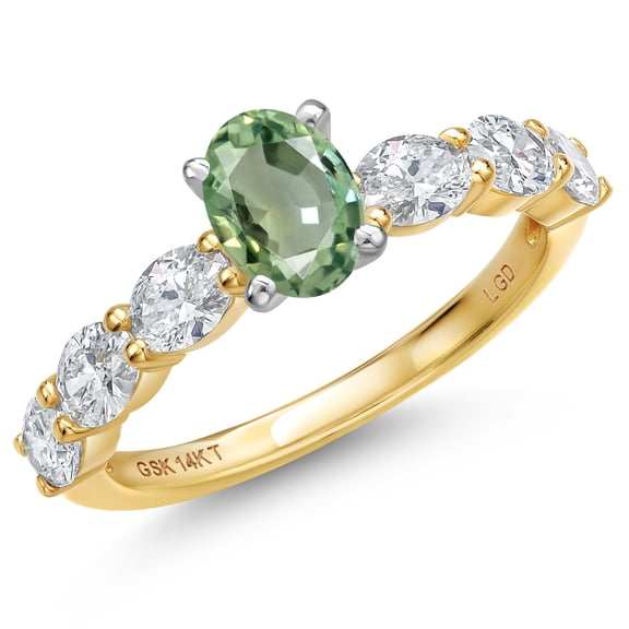 Gem Stone King 14K Two Tone Gold Green Sapphire and Lab Grown Diamond Engagement Ring for Women | 1.45 Cttw | Oval 6X4MM | Gemstone September Birthstone | Size 5