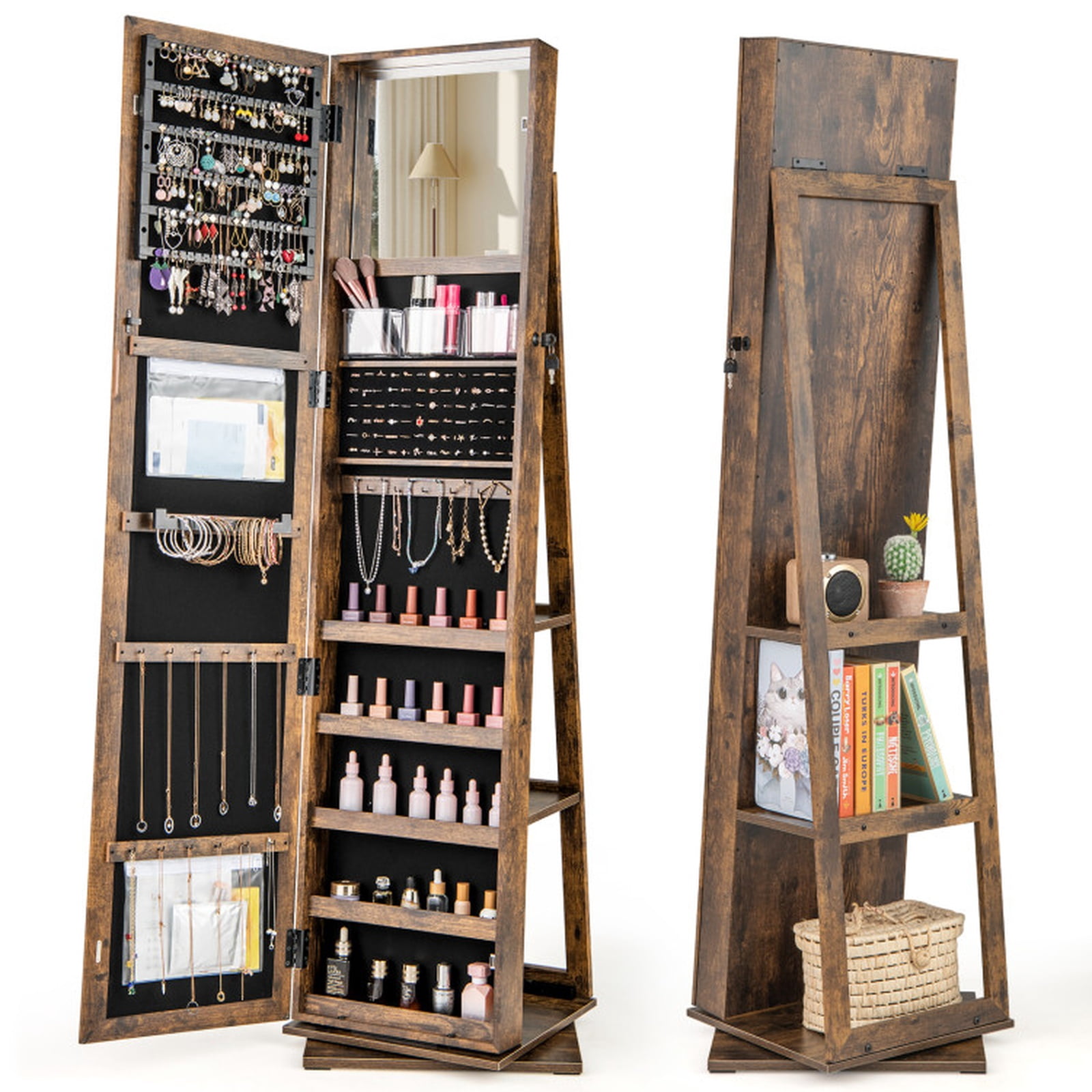 Furnibear 360° Swivel Jewelry Armoire Standing Jewelry Organizer with Full Length Mirror and Back Shelves for Bedroom Dressing Room, Rustic Brown