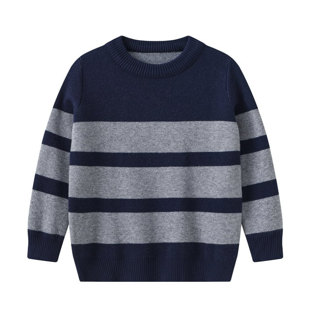 MIASHUI Chandails à Enfiler pour Tout-Petits Enfants Garçons Filles Manches Longues Hauts Rayés Tricotés Chauds, Marine, 9-10 Ans