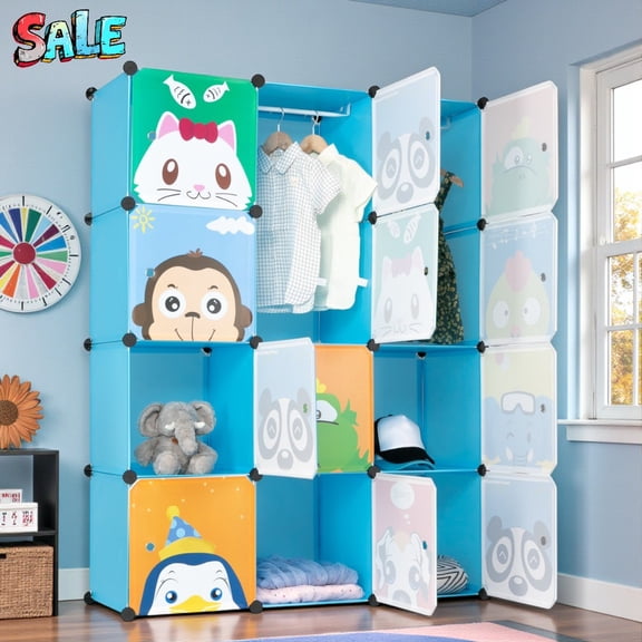 Tcbosik 12-Cube Closet Organizer with 2 Hanging Rods, Modular Plastic Wardrobe with Cartoon Animal Patterned Doors, DIY Storage Cabinet for Clothes, Toys and Shoes (Blue)