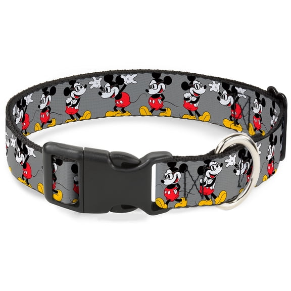 Disney Pet Collar, Dog Collar Plastic Buckle, Mickey Mouse Glasses Poses Gray, 13 to 17 Inches 1.5 Inch Wide