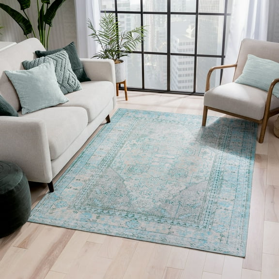 Well Woven Nile Gila Vintage Bohemian Medallion Botanical Border Green 7'7" x 9'6" Machine Washable Flat-Weave Area Rug