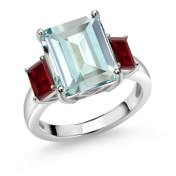 Gem Stone King 7.01 Cttw Sky Blue Simulated Aquamarine and Red Garnet 925 Sterling Silver 3-Stone Ring for Women | 12X10MM and 6X4MM Emerald Cut (Size 5)