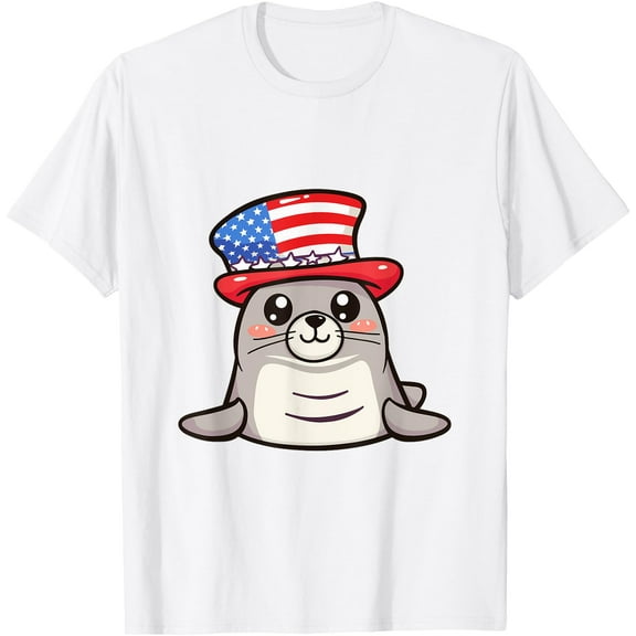 Cute Seal USA Flag | 4th Of July T-Shirt , White