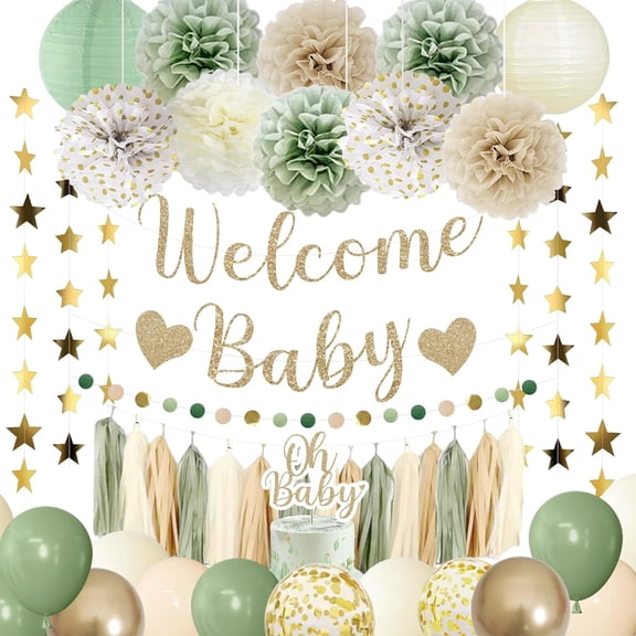 Premium Sage Green Baby Shower Decorations Set, All-in-One Party Supplies with Welcome Baby Banner, Cake Topper, Balloons,Paper Lanterns & Garlands, Ideal for Neutral Gender Reveal & Birthday Parties